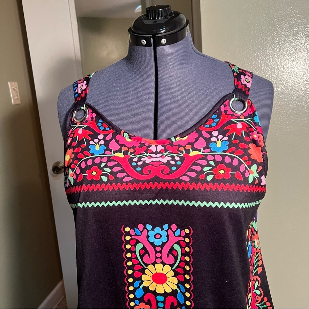 Tank Top Black Scoop Neck Mexican Floral 2XL - Picture 3 of 9